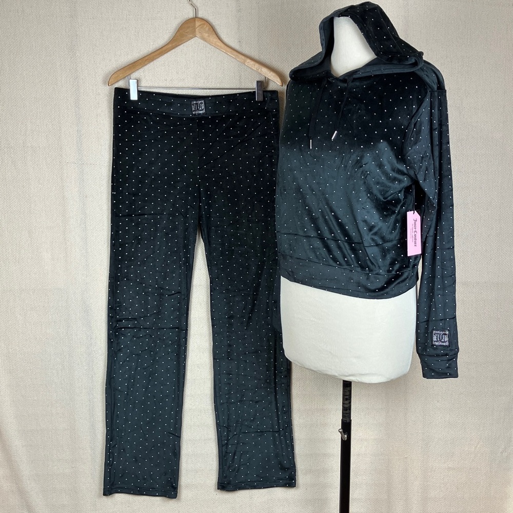Juicy Couture Black Velour 2 Piece Loungewear Pants & Hoodie Top NWT